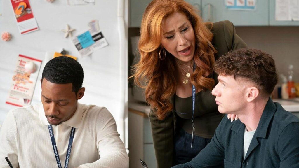 Tyler James Williams, Lisa Ann Walter, and Chris Perfetti in Abbott Elementary in season 5.