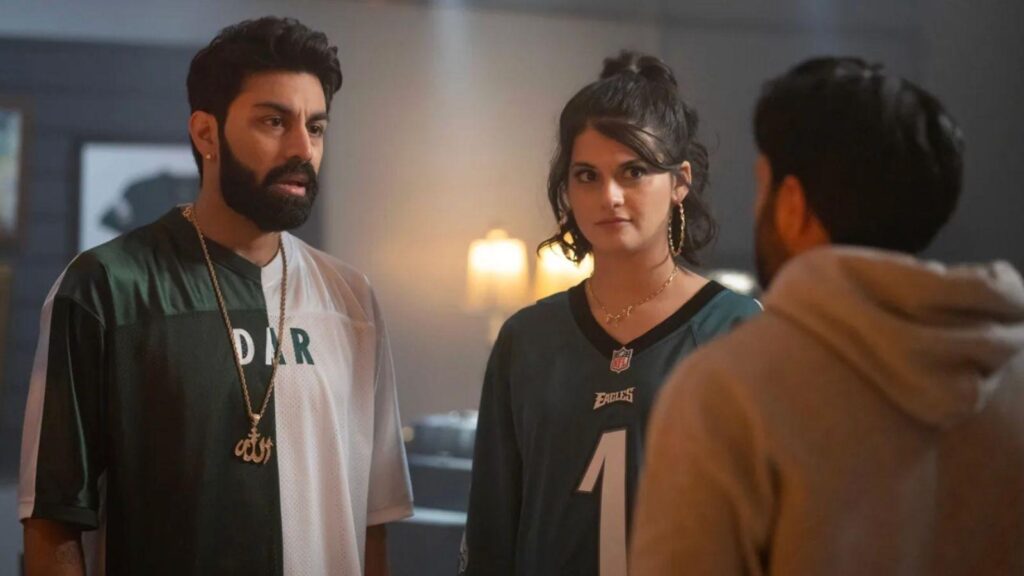 Saagar Shaikh and Sofia Black-D'Elia in Deli Boys season 1.