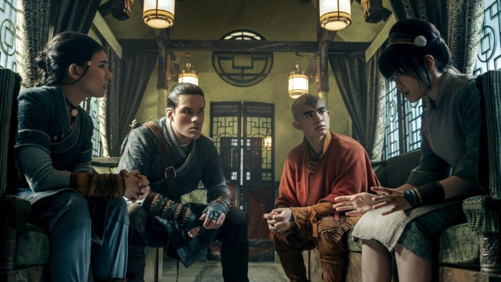 Kiawentiio, Ian Ousleyin, Gordon Cormier, and Miya Cech in Avatar: The Last Airbender Season 2.