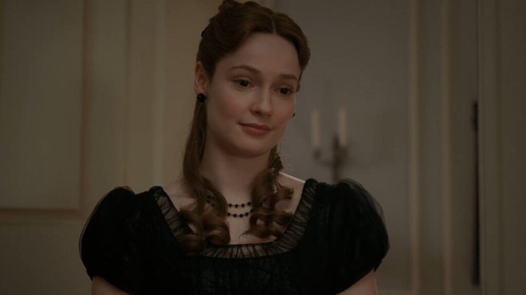 Hannah Dodd as Francesca Bridgerton in black dress emotional close up, from Bridgerton season 4