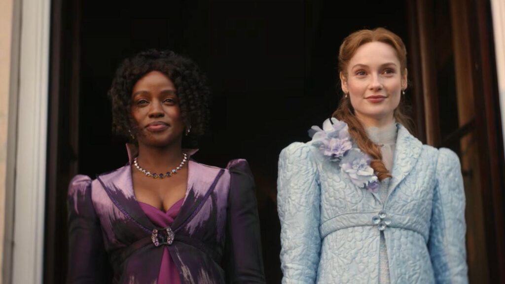 Hannah Dodd and Masali Baduza as Francesca and Michaela elegant scene, from Bridgerton season 5