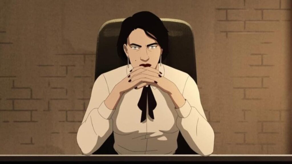 Janet Varney as Anna Grimsdottir sits tense at desk in Splinter Cell