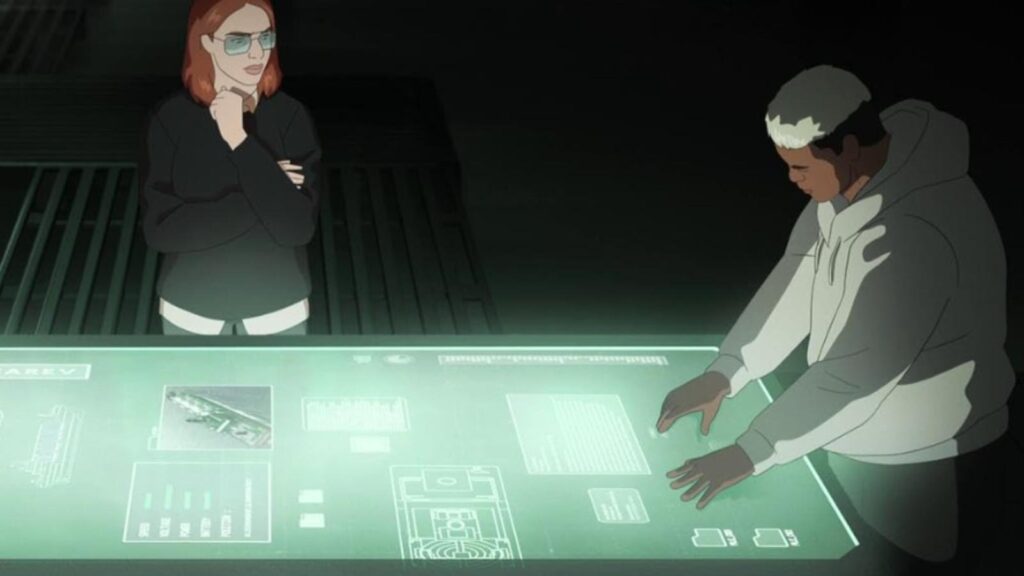 Kirby Howell-Baptiste and Joel Oulette review holographic table data in Splinter Cell