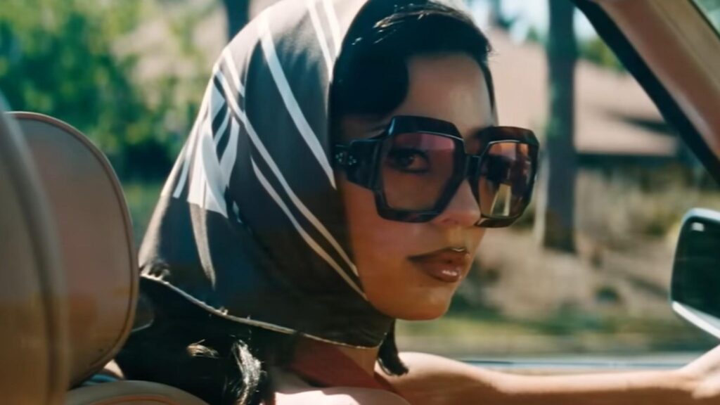 Alexa Demie driving car wearing headscarf oversized sunglasses in Euphoria Season 3