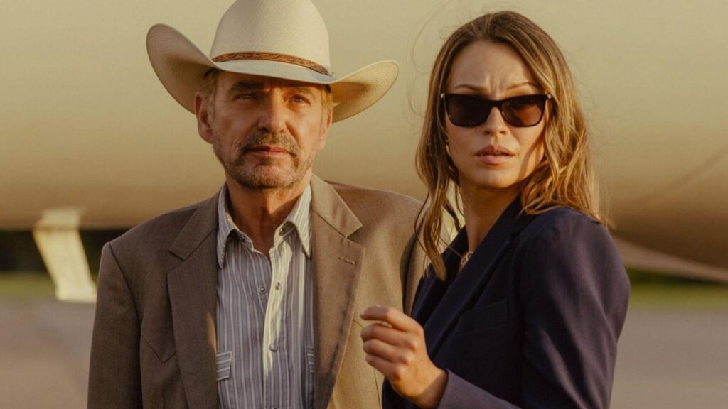 Billy Bob Thornton as Tommy Norris and Kayla Wallace as Rebecca Falcone in Landman season 2.