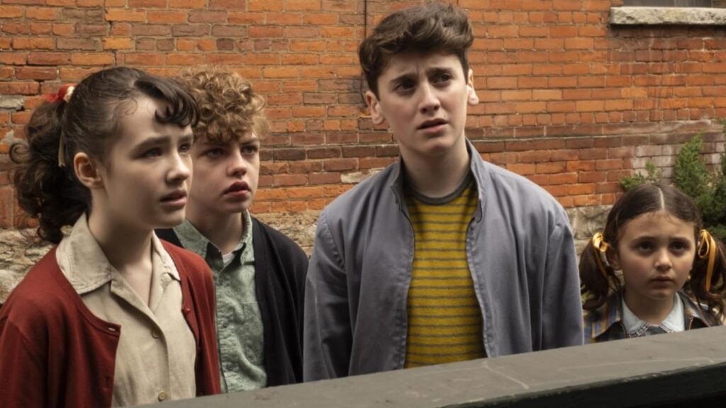Clara Stack, Jack Molloy Legault, Matilda Legault, and Mikkal Karim Fidler in It: Welcome to Derry