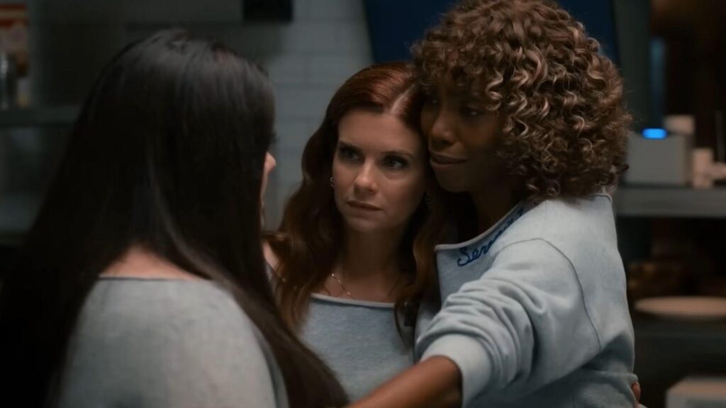 Heather Headley comforts Joanna Garcia Swisher and Brooke Elliott, from Sweet Magnolias season 5