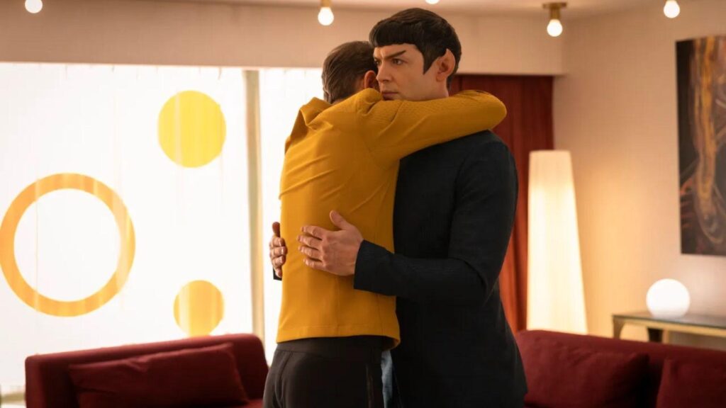 Paul Wesley as Captain James T. Kirk and Ethan Peck as Spock in Star Trek: Strange New Worlds season 4.