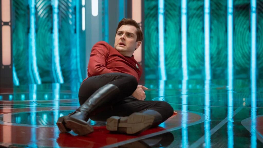 Martin Quinn as Lieutenant Montgomery Scott in Star Trek: Strange New Worlds season 4.