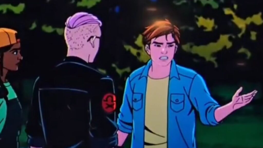 Jubilee and Roberto arguing with mutant rebel during nighttime forest confrontation, from X-Men '97 season 2