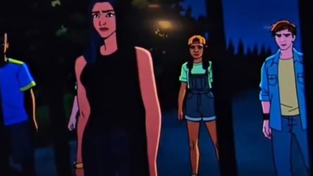 Roberto and Jubilee standing beside frightened teens during tense forest encounter, from X-Men '97 season 2