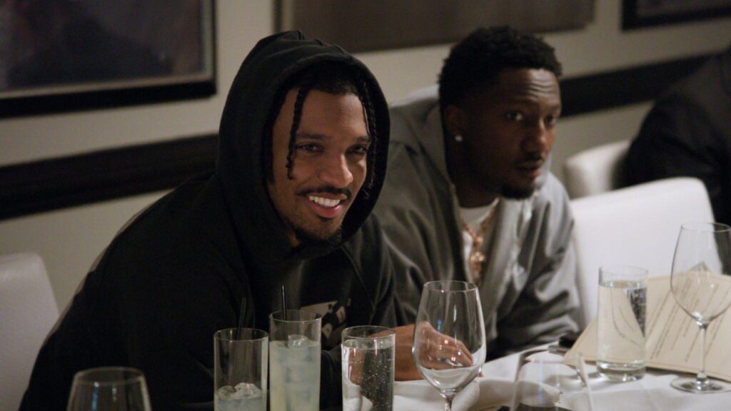 Jayden Daniels and Joe Flacco sharing dinner conversation during Quarterback Season 3