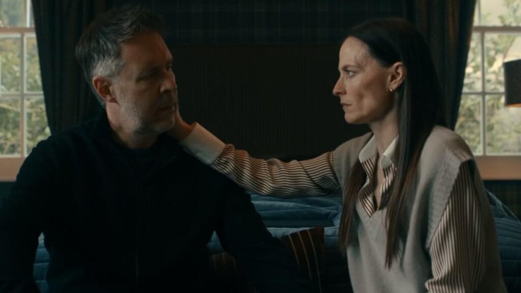 Paddy Considine as Kevin Harrigan and Lara Pulver as Bella Harrigan, intimate scene from MobLand