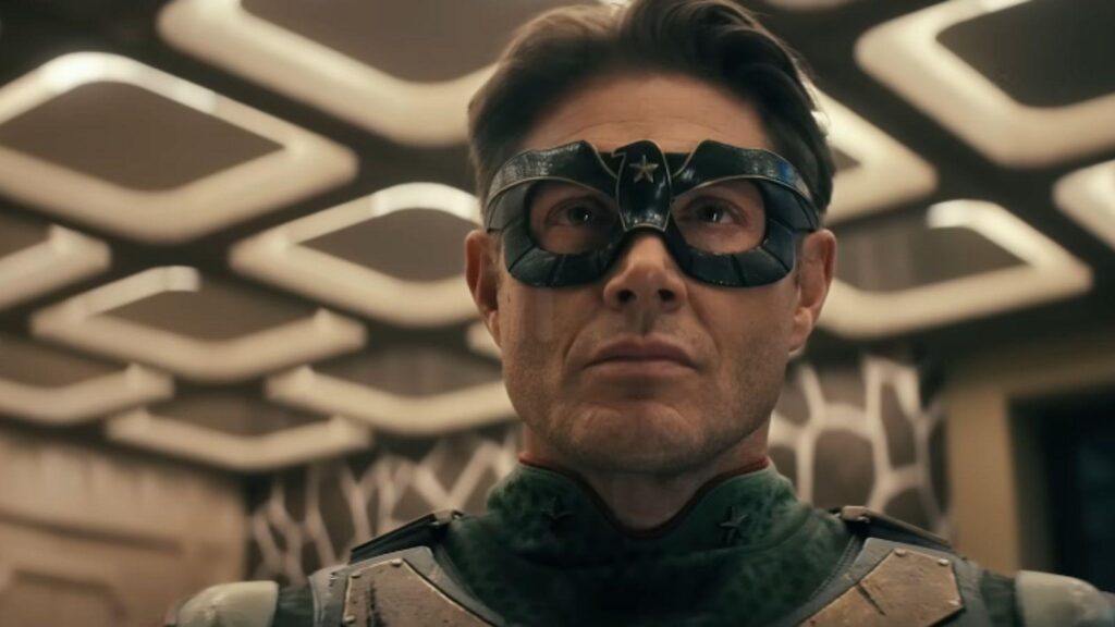 Jensen Ackles as Soldier Boy wearing retro superhero suit in Vought Rising