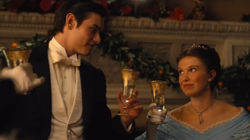 Millie Bobby Brown and Louis Partridge celebrate engagement scene together warmly, from Enola Holmes 3
