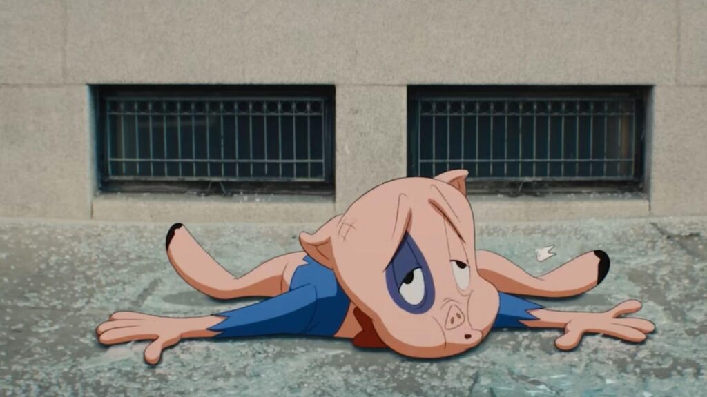 Porky Pig cartoon character lies flat on ground injured scene, from Coyote and Acme