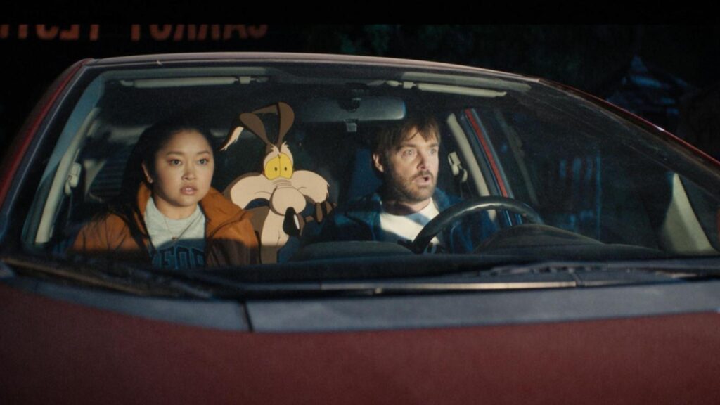 Will Forte Lana Condor drive with Wile E Coyote inside car, from Coyote vs Acme