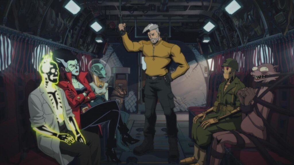 Frank Grillo, Sean Gunn, Alan Tudyk, Indira Varma, and Zoë Chao in Creature Commandos season 1