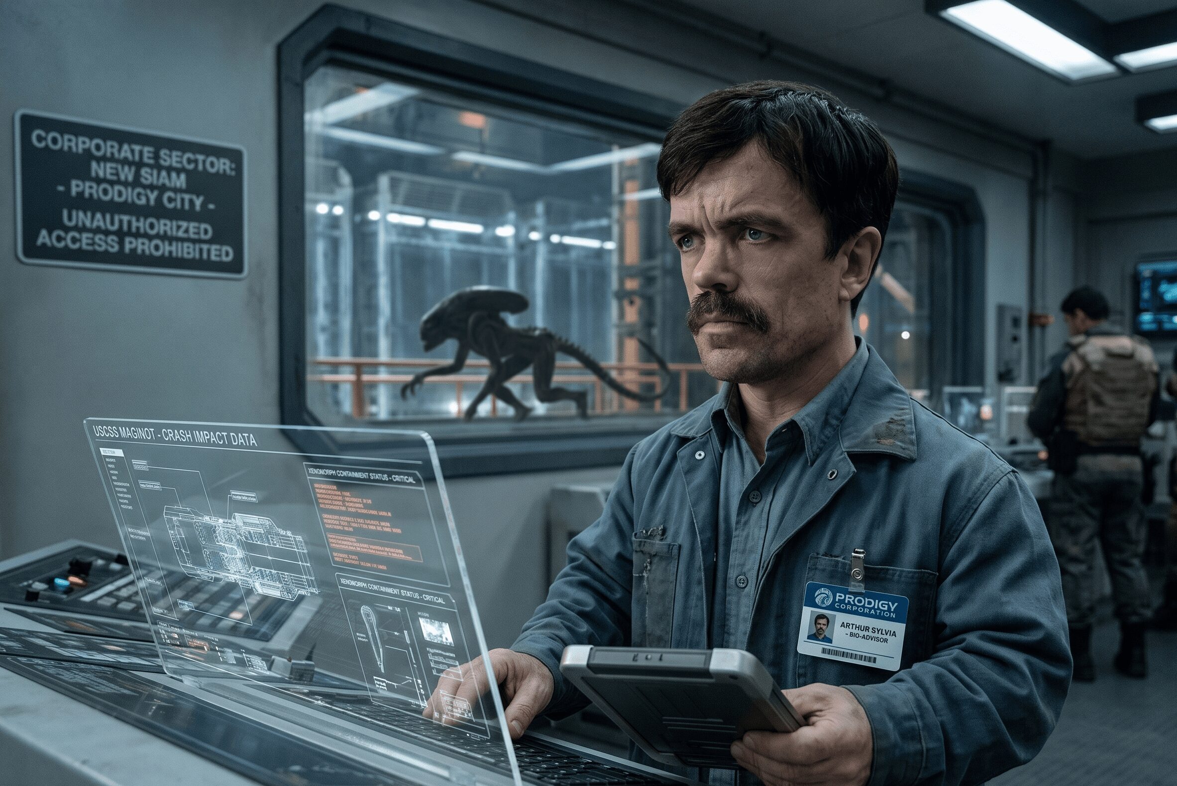 AI image of Peter Dinklage at a sci-fi control console, Xenomorph in background.