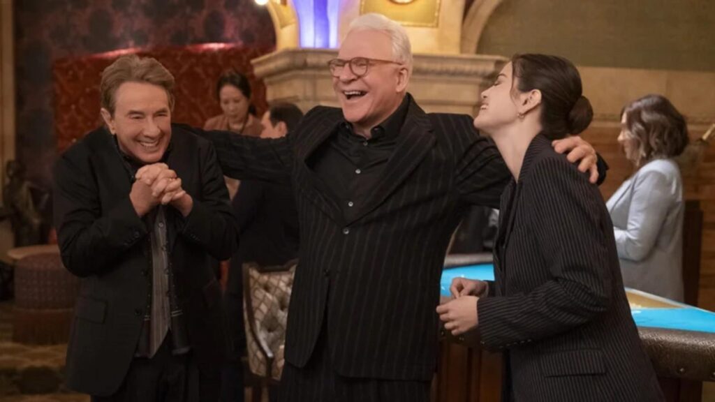 Martin Short, Steve Martin and Selena Gomez laugh inside a grand casino, from Only Murders In The Building Season 6