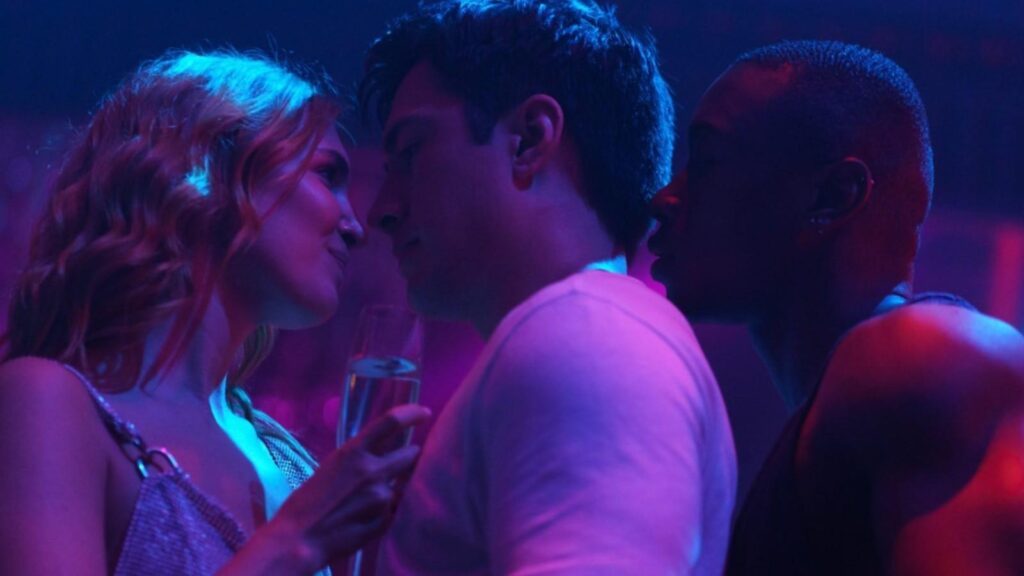 Sophie Nélisse and Connor Storrie in nightclub scene from Heated Rivalry in Heated Rivalry