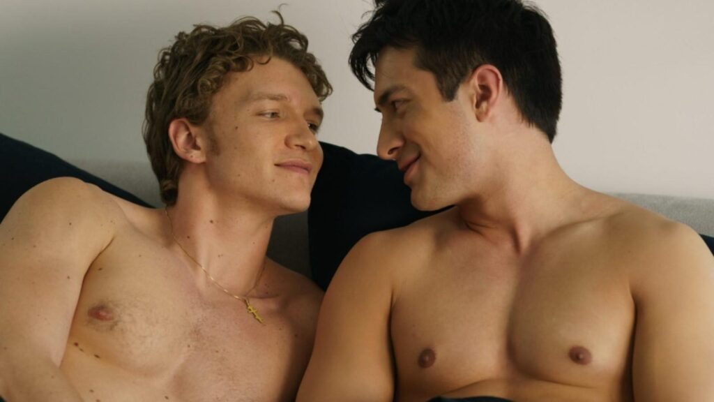 Hudson Williams and Connor Storrie as Shane and Ilya sharing intimate moment in Heated Rivalry