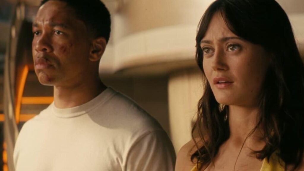 Aaron Moten as Maximus and Ella Purnell as Lucy MacLean reacting in Fallout season 2