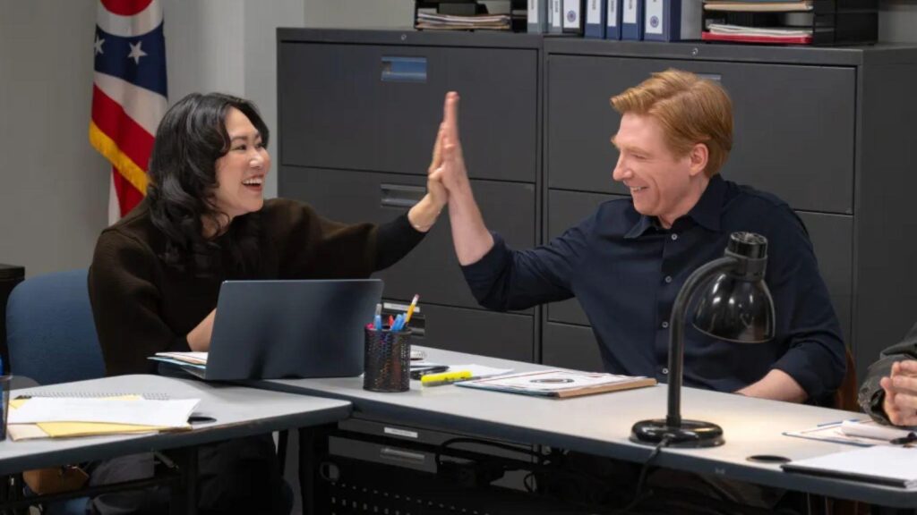 Ramona Young as Nicole, Domhnall Gleeson as Ned from The Paper Season 2
