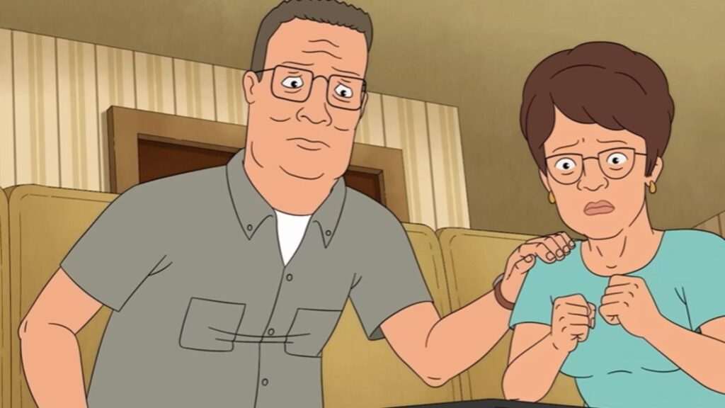 Mike Judge and Kathy Najimy react with concern, from King of the Hill season 15