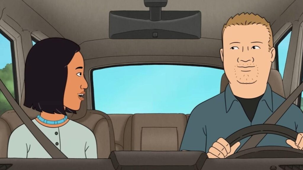 Pamela Adlon as Bobby Hill drives while Lauren Tom, from King of the Hill season 15