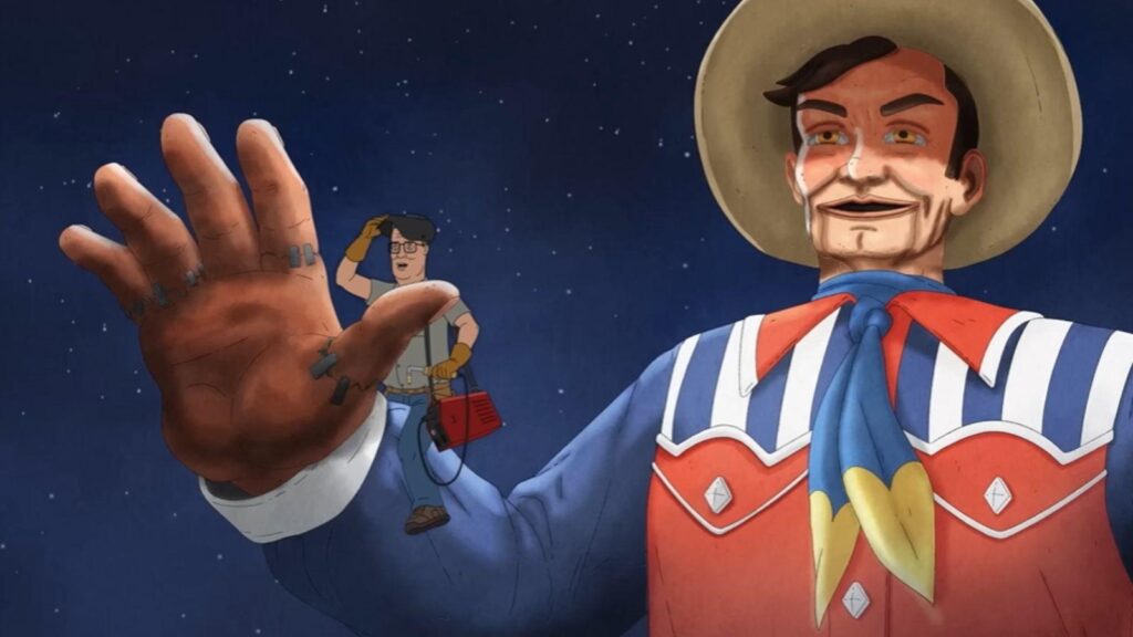 Mike Judge as Hank Hill beside giant cowboy statue, from King of the Hill season 15