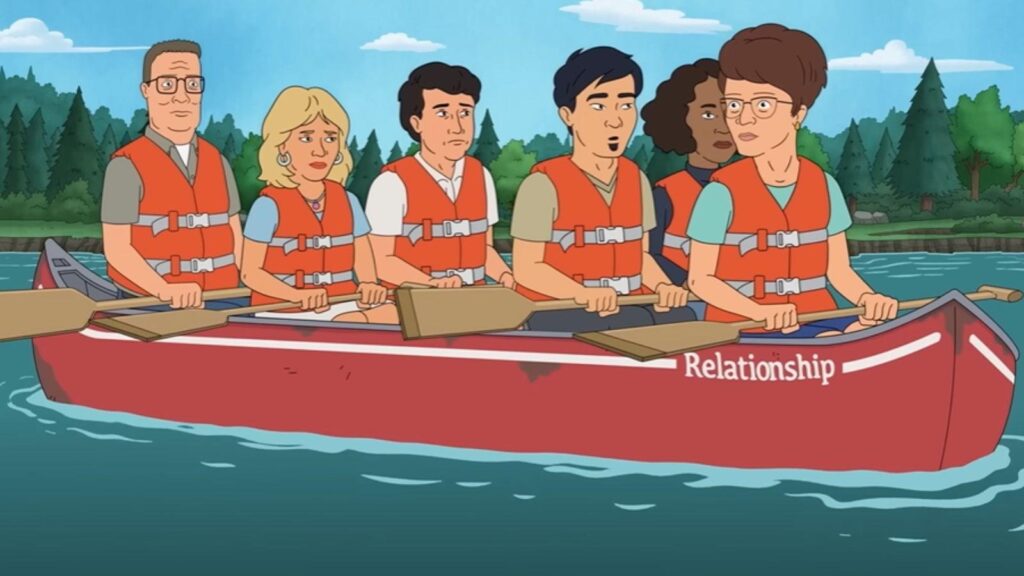 Mike Judge and Kathy Najimy in a canoe during outdoor trip, from King of the Hill season 15