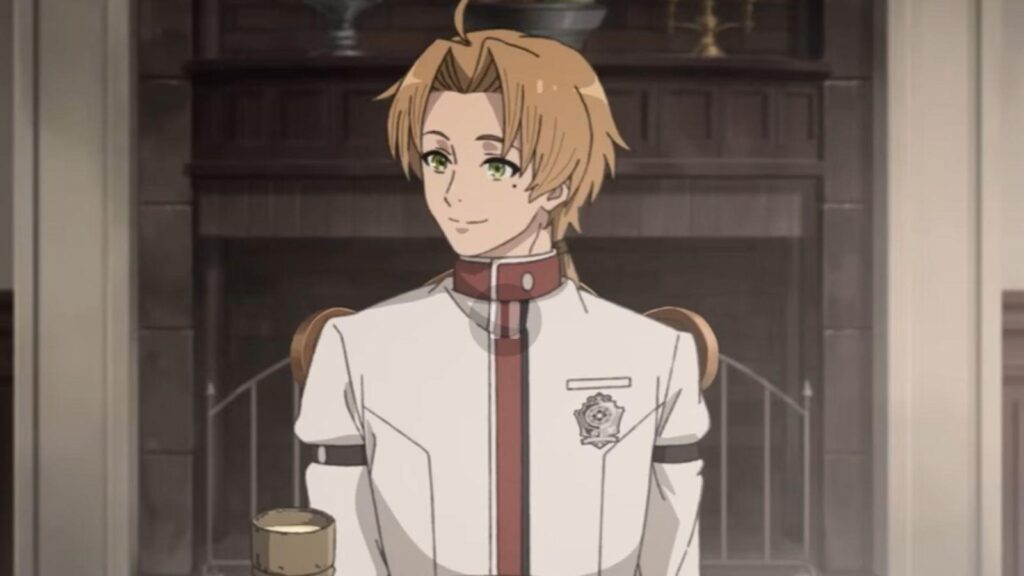 Greyrat smiles indoors wearing academy uniform in scene from Mushoku Tensei Season 3