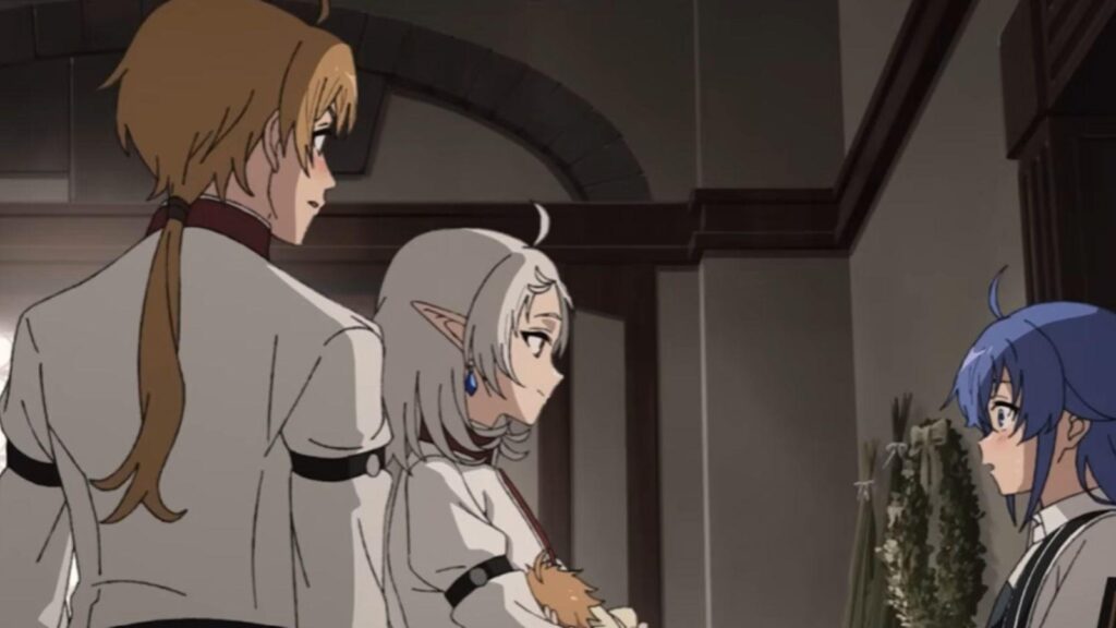 Sylphiette and Roxy Migurdia speak while Rudeus Greyrat listens from Mushoku Tensei Season 3