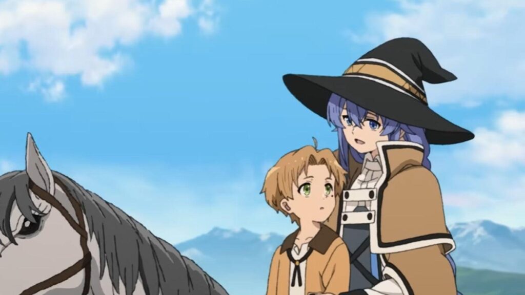 Rudeus Greyrat and Roxy Migurdia travel together beside horse from Mushoku Tensei Season 3