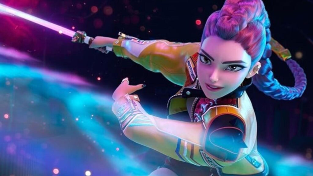 May Hong's Mira channels energy while battling demons with glowing blade, from KPop Demon Hunters