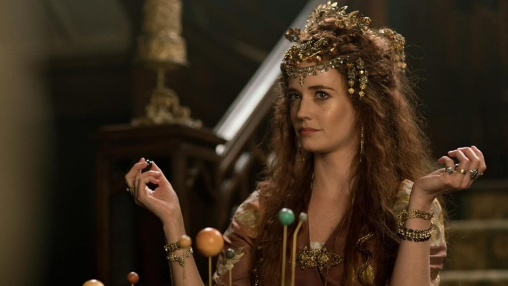Eva Green ornate crown and jewelry in dramatic The Luminaries period scene