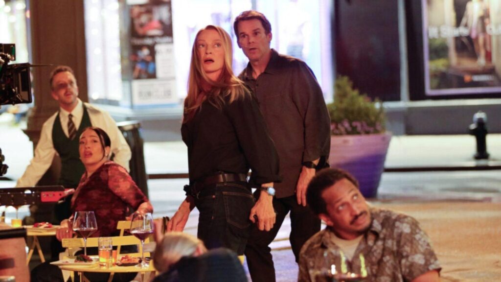  Uma Thurman as Charley and Michael C. Hall as Dexter Morgan in a set photo from Dexter: Resurrection Season 2
