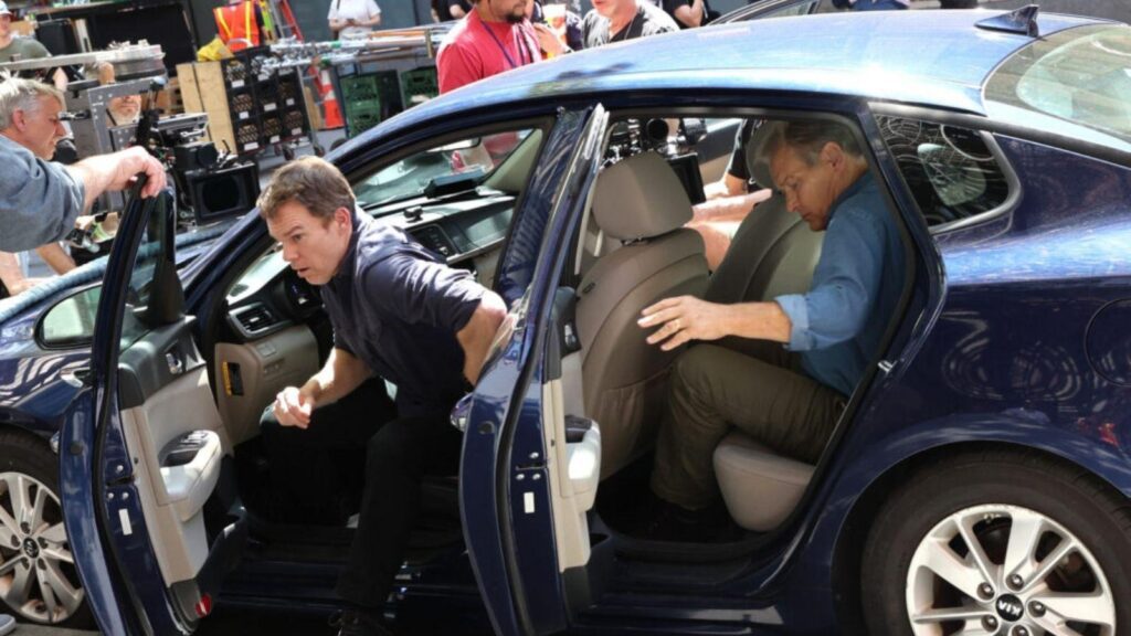   Michael C. Hall as Dexter Morgan and James Remar as Harry in a set photo from Dexter: Resurrection Season 2