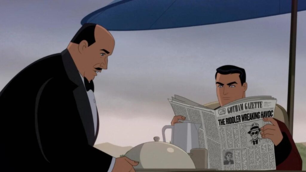 Jason Watkins as Alfred serves breakfast to Hamish Linklater&rsquo;s Bruce Wayne in Batman Caped Crusader season 2