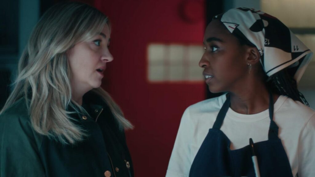 Abby Elliott and Ayo Edebiri share urgent conversation inside restaurant, from The Bear Season 5