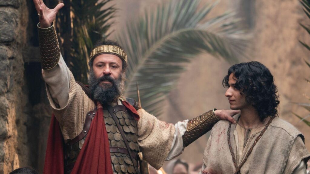 Ali Suliman as King Saul and Michael Iskander as David in House of David season 2.