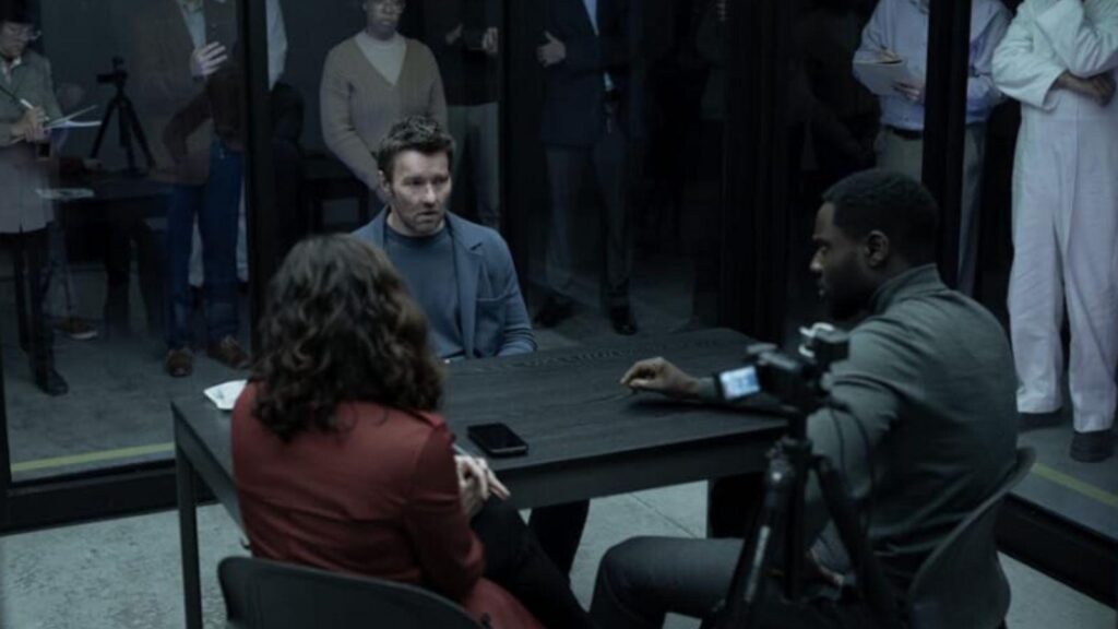 Joel Edgerton and Dayo Okeniyi face questioning during intense investigation scene from Dark Matter Season 1