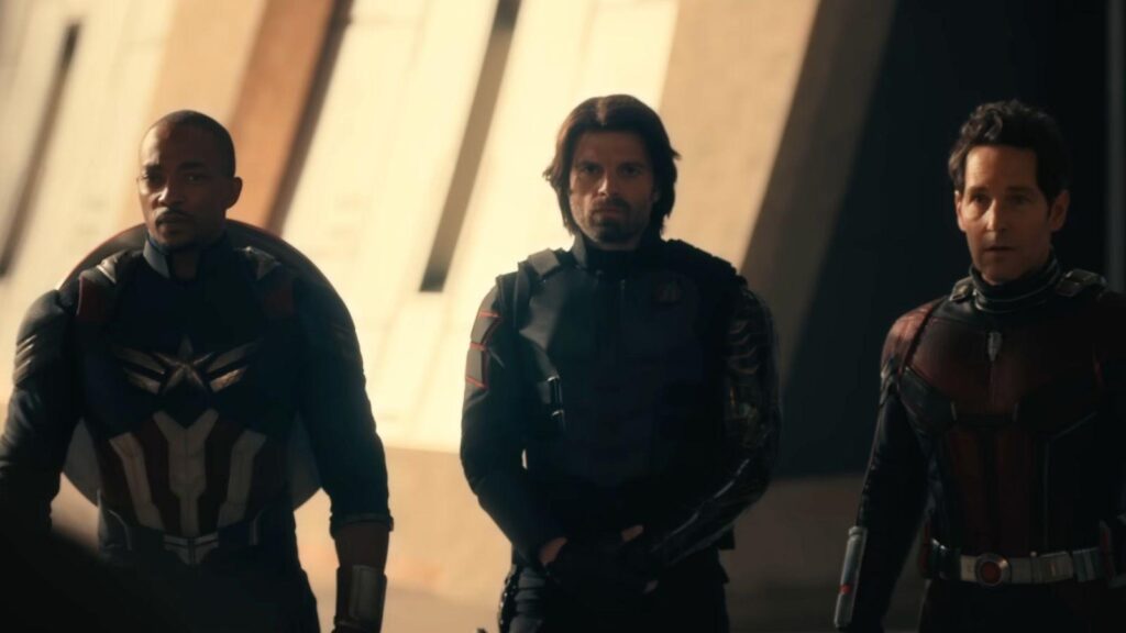 Anthony Mackie as Sam Wilson, Sebastian Stan as James Buchanan "Bucky" Barnes, and Paul Rudd as Ant-Man in Avengers: Doomsday.