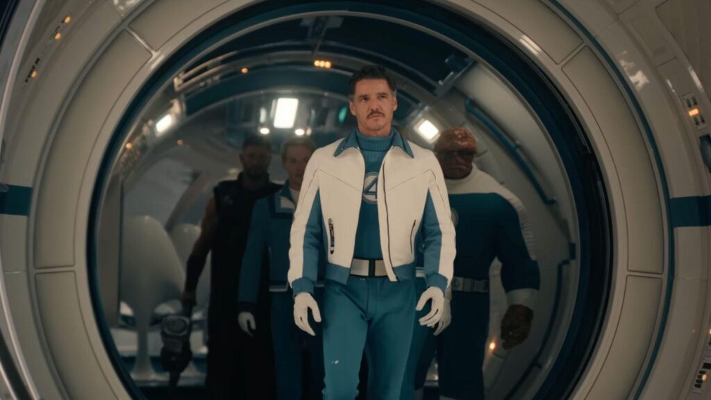 Chris Hemsworth as Thor, Joseph Quinn as Johnny Storm, Pedro Pascal as Reed Richards, and Ebon Moss-Bachrach as Ben Grimm in Avengers: Doomsday.