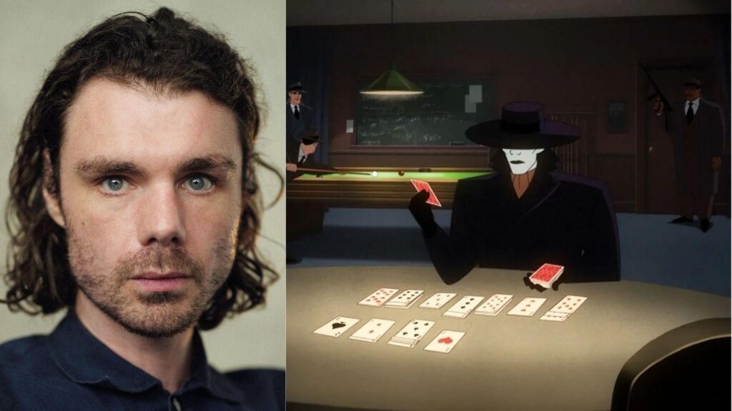 Split image showing actor Matthew Needham on the left and the Joker character from Batman: Caped Crusader Season 2 on the right.