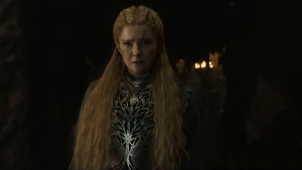 Morfydd Clark as Galadriel stands ready before a crucial confrontation, from The Lord of the Rings: The Rings of Power Season 3