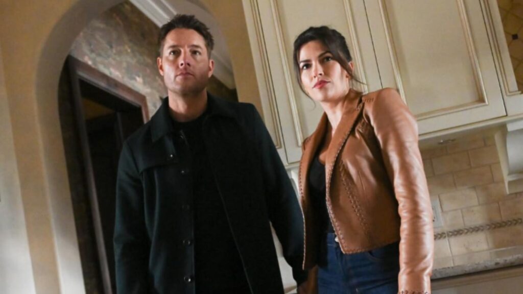 Justin Hartley and Fiona Rene investigate a suspicious home in Tracker Season 3 scene