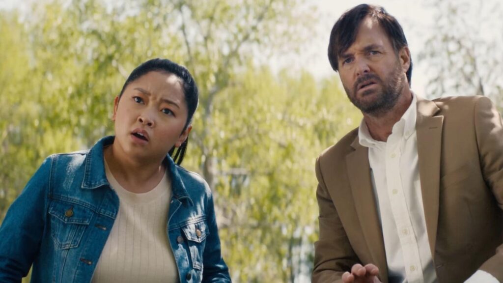Lana Condor as Paige Avery and Will Forte as Kevin Avery in Coyote vs. Acme