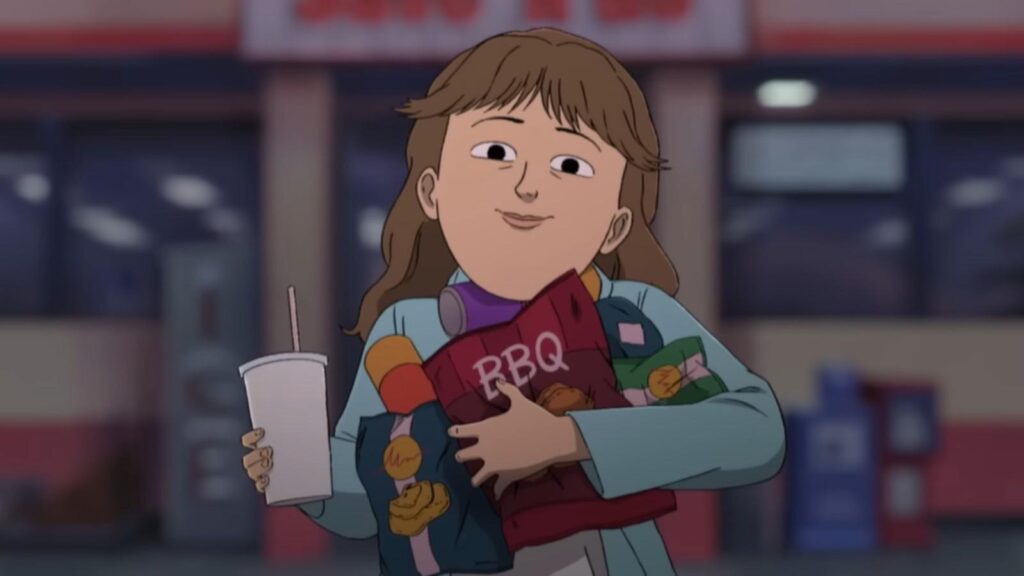 Emily Pendergast as Frances Applewhite carrying snacks and drink outside convenience store smiling